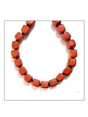 NWOT Boho Chunky Square Wooden Bead Necklace with Adjustable Ribbon Tie